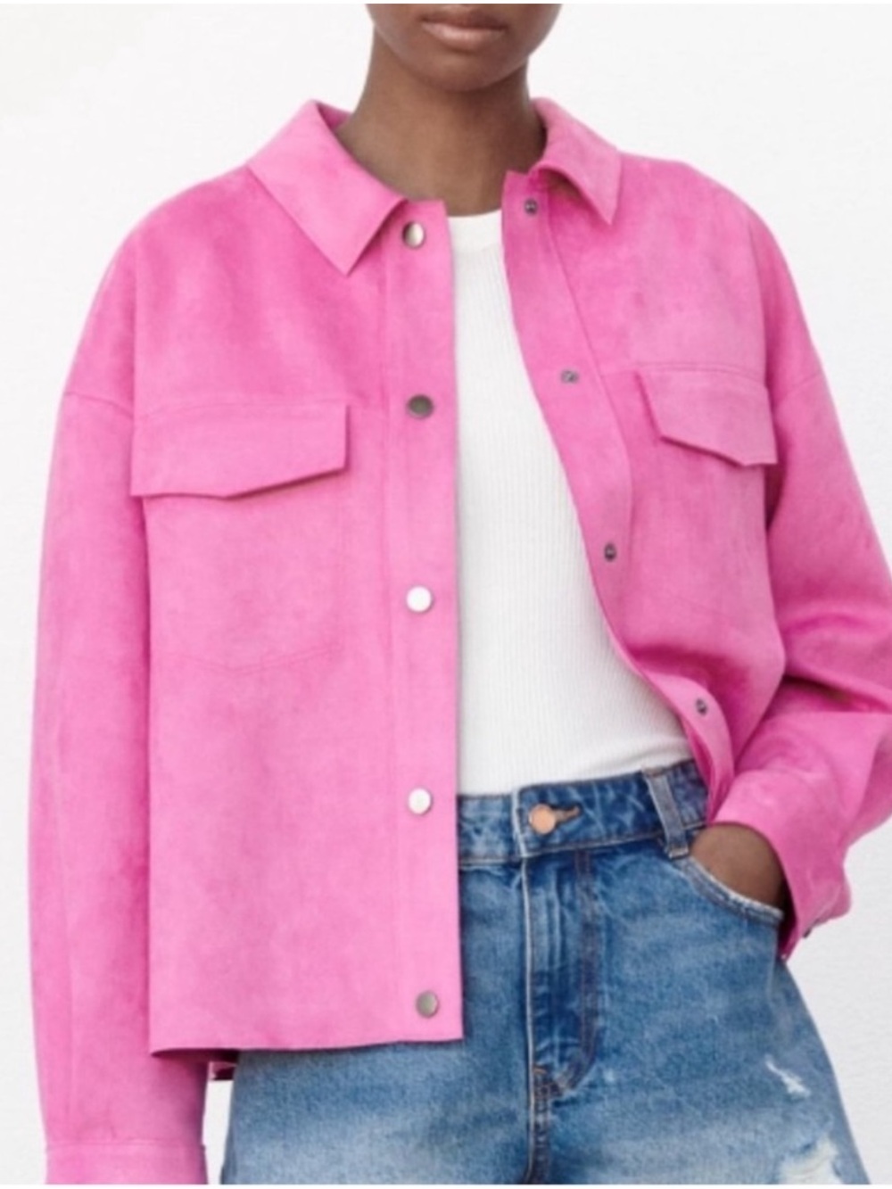 Zara - Pink Suede Utility Jacket with Snap Front - Size Medium